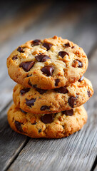 Stacked chocolate chip cookies. Four tasty chocolate chip cookies are stacked on a rustic surface, showcasing their golden color and gooey chocolate.