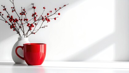 A bright red mug sits next to a white vase filled with small red berries against a crisp white background with soft natural light