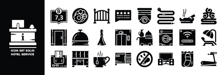  Hotel Service Solid Icons Set with Hospitality Elements.