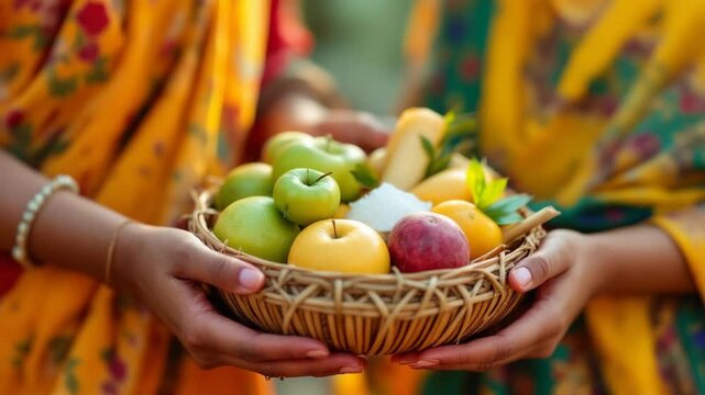 Chhath puja offerings basket held by devotees a traditional hindu festival ritual for sun god worship in india