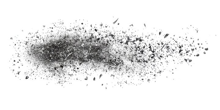 Abstract image of dark gray particles dispersed on a white background, resembling a cloud of dust or debris