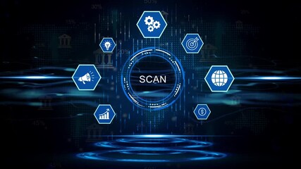 Futuristic digital scan interface with global network and financial icons data analysis technology concept - Powered by Adobe