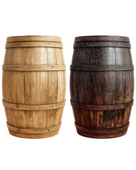 Two wooden barrels, light and dark