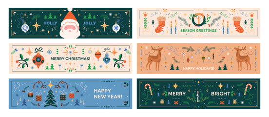 Fototapeta na wymiar Merry Christmas and Happy New Year, festive banners set. Winter holiday greeting backgrounds, horizontal designs with seasonal ornaments, Santa Claus, Scandinavian patterns. Flat vector illustrations