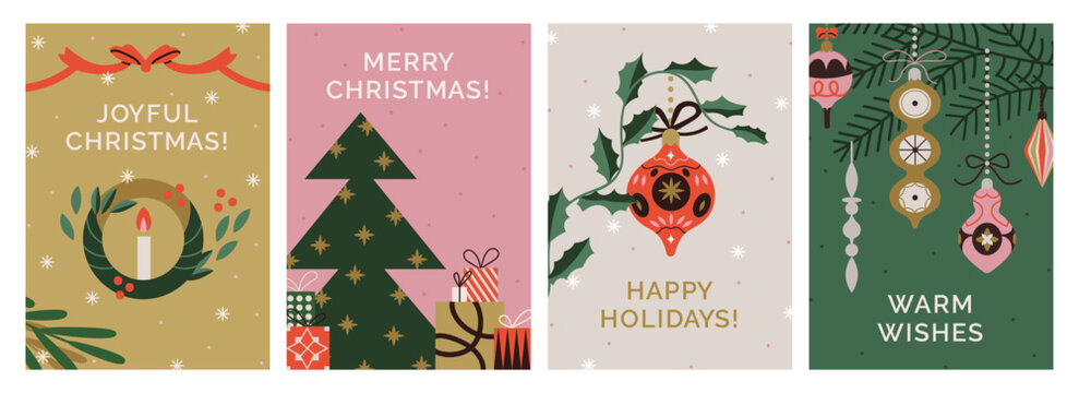 Merry Christmas cards set. Festive Xmas posters, winter holiday greeting postcard designs. Vertical templates with typography, wreath, fir tree, gifts and baubles. Flat vector illustration set