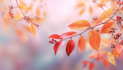 Delicate autumn leaves in soft focus, vibrant oranges and reds against a pastel background