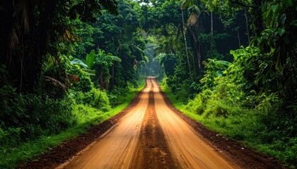 Fototapeta premium A dirt road cuts through a vibrant green jungle. Sunlight filters through the lush canopy creating a path of light. Earthy and verdant tones