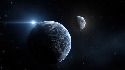 Fototapeta premium Majestic Planet Surrounded by Stars with a Glowing Moon in the Cosmic Background Evoking Wonder and Curiosity in the Vastness of Space Exploration