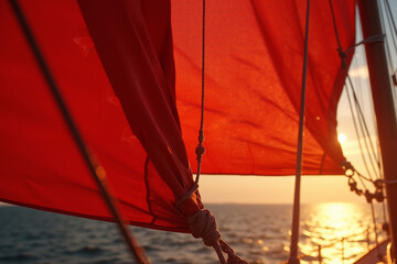 Red sail catching sunlight on sea during sunset  
