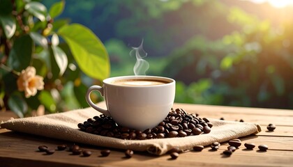 Steaming Cup of Coffee Surrounded by Beans on a Rustic Wooden Table with Lush Greenery and Sunlight.