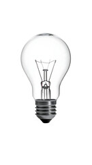 A clear, glass incandescent lightbulb, showing internal filament structure, on a black background
