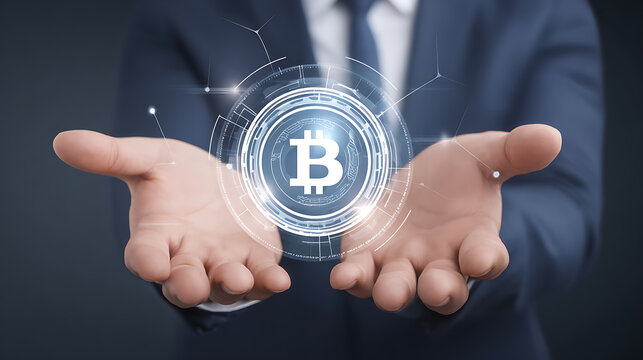 Person in suit holding a digital Bitcoin symbol with futuristic holographic interface - Powered by Adobe