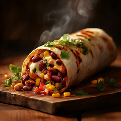 A delicious warm burrito filled with seasoned beef beans corn and cheese garnished with fresh cilantro
