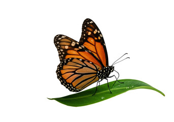 Fototapeta premium Monarch butterfly, vibrant orange, black wings, delicate antennae, on pristine green leaf, seamless transparent studio background, softbox lighting, macro, concept of natural beauty