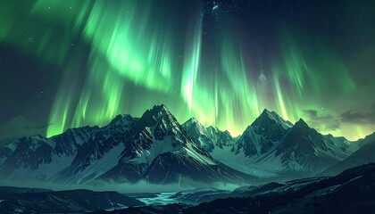 Majestic aurora borealis over snow-capped mountains