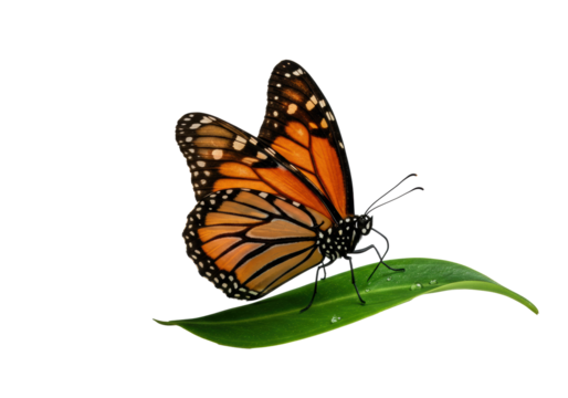 Monarch butterfly, vibrant orange, black wings, delicate antennae, on pristine green leaf, seamless transparent studio background, softbox lighting, macro, concept of natural beauty