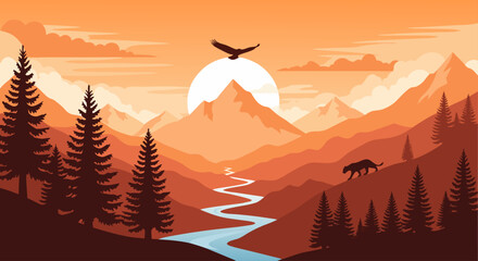 Vector illustration of a tranquil mountain landscape at sunset with a winding river, pine forest, and silhouettes of a wild cat and eagle © PDWN Creative