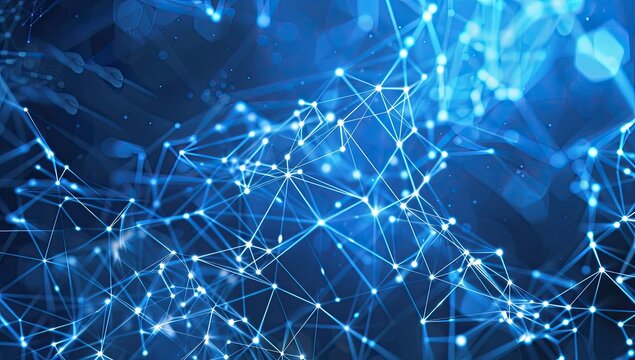 An abstract image depicting a network of interconnected nodes and lines, rendered in shades of blue, creating a sense of depth and complexity.  The glowing nodes suggest energy or connectivity