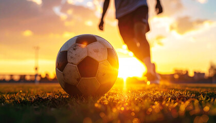 soccer ball on the field, soccer player’s foot about to kick a ball on a stadium field, dramatic sunlight, dynamic action, sports photography style