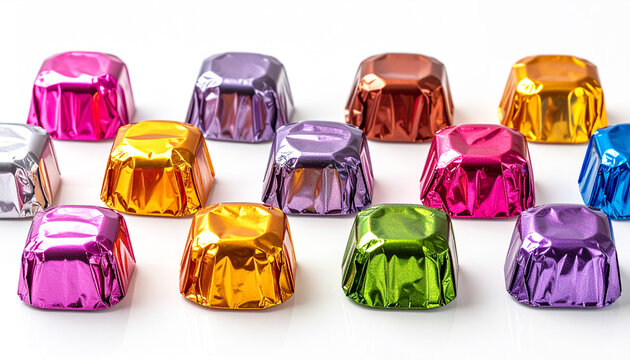 Assorted colorful candies wrapped in shiny metallic foil, neatly arranged in rows on a clean white background. Vibrant festive sweets perfect for holidays, parties, and celebration themes