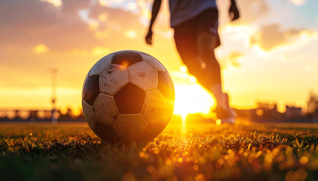 soccer ball on the field, soccer player’s foot about to kick a ball on a stadium field, dramatic sunlight, dynamic action, sports photography style - Powered by Adobe