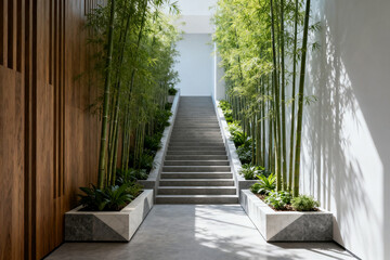 Modern outdoor staircase flanked by bamboo plants in concrete planters against wooden and white walls
