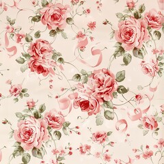 A delicate floral pattern featuring pink roses, green leaves, and pale pink ribbons on a cream background. The roses are densely arranged, creating a romantic and vintage aesthetic