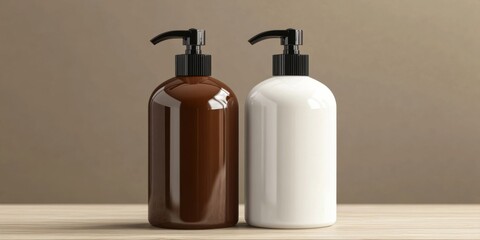 Brown and white liquid soap bottles with black pumps on Cosmetics Skin Care Plastic Packaging