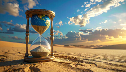 An hourglass with the Earth as the top bulb, sand running out, set in a desert landscape under a bright sky.