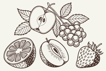 Fresh, ripe fruits and berries with leaves are a sweet summer pattern of healthy food