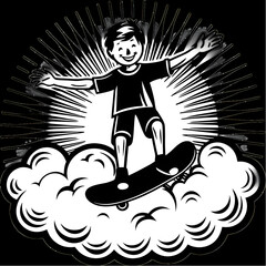Smiling boy on cloud skateboard, radiant surroundings.