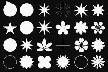 Collection of white geometric and floral shapes on a black background