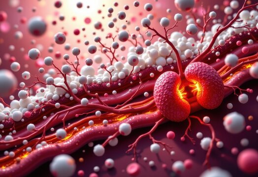 hyperglycemia as a visual metaphor, sugar molecules overwhelming bloodstream, pancreas under pressure, kidneys glowing, semi realistic anatomical illustration, colorful and dramatic