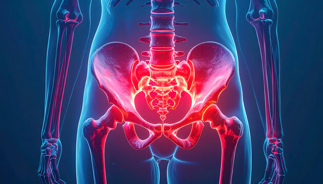 Human pelvic bone anatomy illustration, highlighting sacrum and ilium with red emphasis.