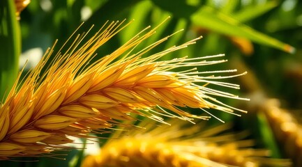 輝く小麦畑の穂のクローズアップ 夏の太陽光