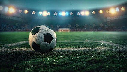 Obraz premium A soccer ball sits at the corner of a field, stadium lights blurring in the background