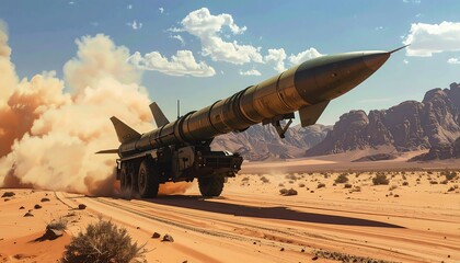 Missile launch in desert landscape