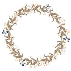 Fototapeta premium Rustic Autumn Watercolor Wreath with Dried Virginia Creeper Leaves and Berries