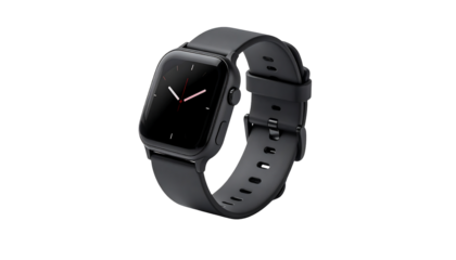 A dark gray smartwatch with a matching band, featuring a simple analog clock face and a slightly angled view