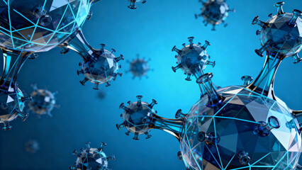 3D visualization of virus particles with geometric molecular structures against a blue background