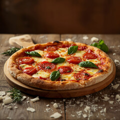 Fresh Margherita Pizza with Tomatoes and Basil on Wooden Table