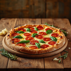 Fresh Margherita Pizza with Tomatoes and Basil on Wooden Table