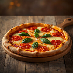 Fresh Margherita Pizza with Tomatoes and Basil on Wooden Table