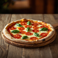 Fresh Margherita Pizza with Tomatoes and Basil on Wooden Table