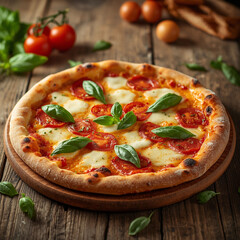 Fresh Margherita Pizza with Tomatoes and Basil on Wooden Table