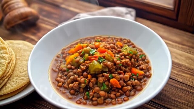 Lentil stew in a white bowl on a wooden table.  Tortillas stacked on the side