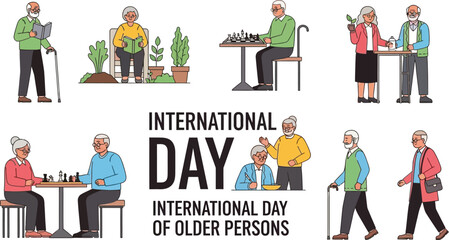 Obraz premium International day of older persons featuring seniors reading playing chess gardening and walking to celebrate aging and community engagement in a vibrant illustration