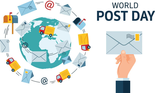 World post day illustration featuring global mail delivery with envelopes mailboxes and delivery trucks circling the earth emphasizing international communication and postal services celebration
