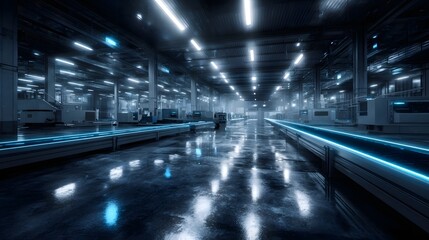Futuristic factory interior with glowing blue conveyor belts and automated hinery under cool modern lighting