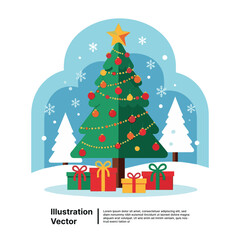 Happy Christmas Tree With Gifts And Snowfall - Winter Holiday Celebration Illustration